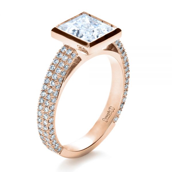 18k Rose Gold 18k Rose Gold Custom Bezel Set And Pave Diamond Engagement Ring - Three-Quarter View -  1232