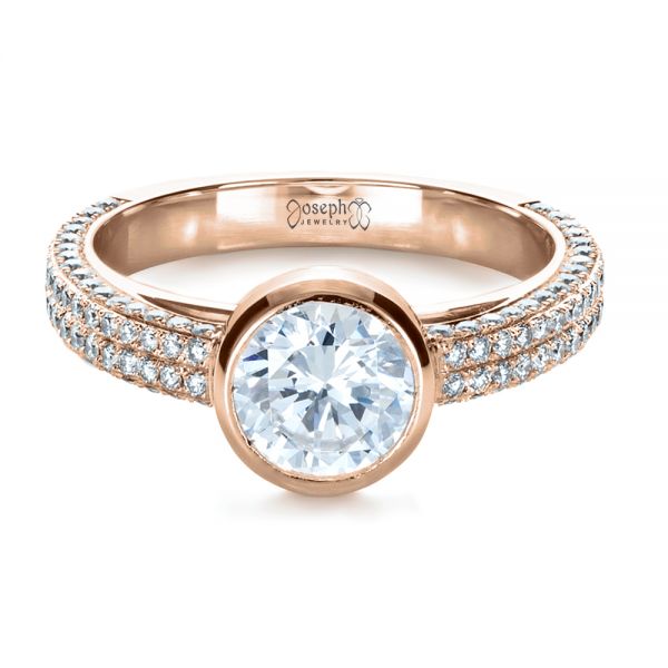 18k Rose Gold 18k Rose Gold Custom Bezel Set And Pave Diamond Engagement Ring - Flat View -  1231