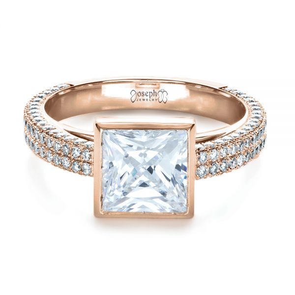 18k Rose Gold 18k Rose Gold Custom Bezel Set And Pave Diamond Engagement Ring - Flat View -  1232