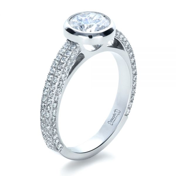 18k White Gold Custom Bezel Set And Pave Diamond Engagement Ring - Three-Quarter View -  1231