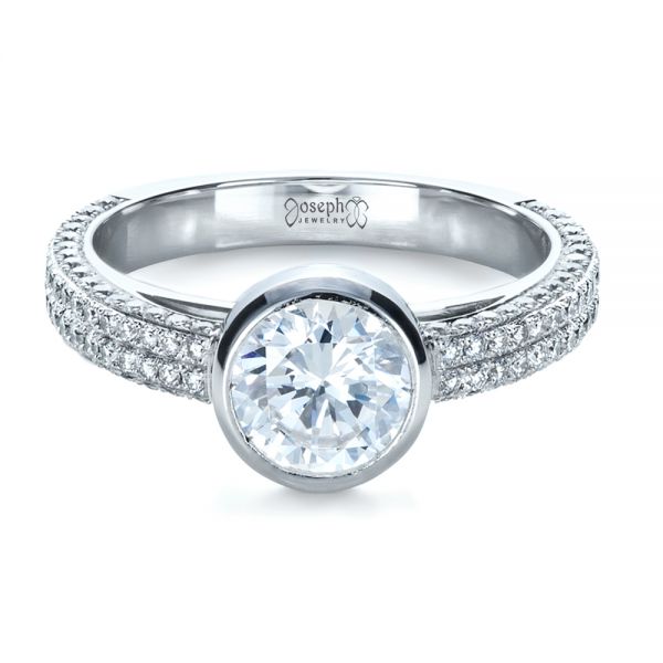 14k White Gold 14k White Gold Custom Bezel Set And Pave Diamond Engagement Ring - Flat View -  1231