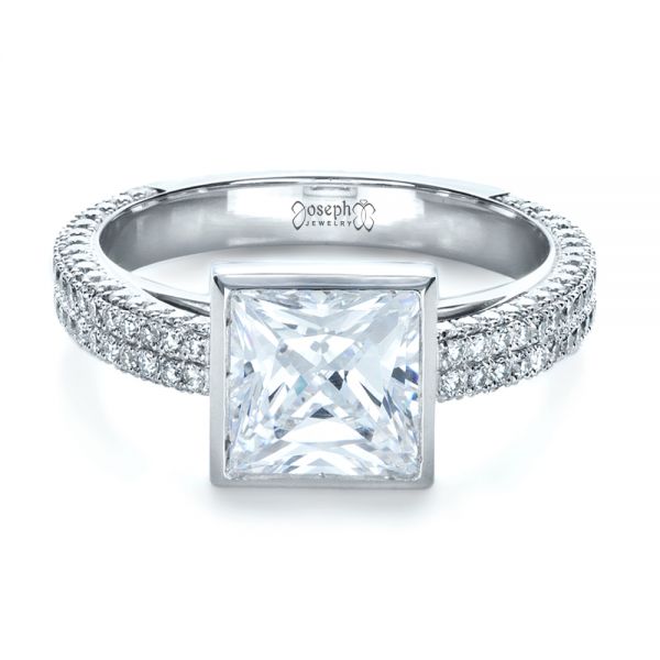 18k White Gold Custom Bezel Set And Pave Diamond Engagement Ring - Flat View -  1232