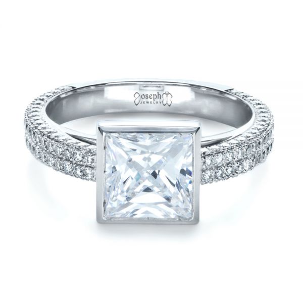 18k White Gold Custom Bezel Set And Pave Diamond Engagement Ring - Flat View - 1232
