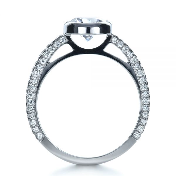 18k White Gold Custom Bezel Set And Pave Diamond Engagement Ring - Front View -  1231