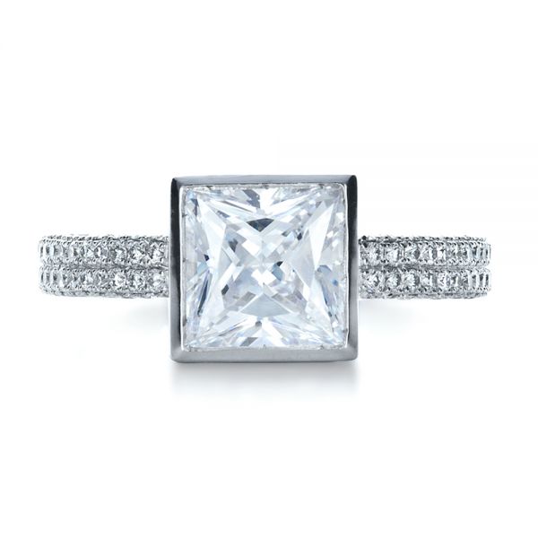 18k White Gold Custom Bezel Set And Pave Diamond Engagement Ring - Top View - 1232