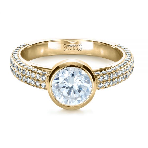 18k Yellow Gold 18k Yellow Gold Custom Bezel Set And Pave Diamond Engagement Ring - Flat View -  1231