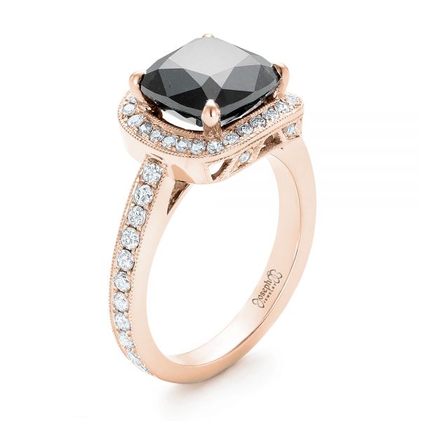 14k Rose Gold 14k Rose Gold Custom Black Diamond Halo Engagement Ring - Three-Quarter View -  102814