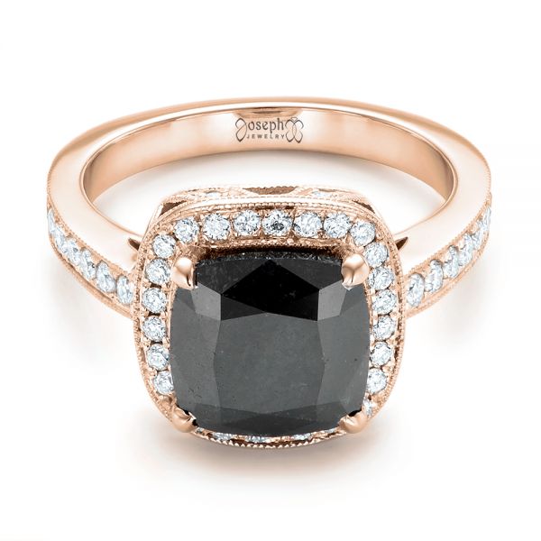 14k Rose Gold 14k Rose Gold Custom Black Diamond Halo Engagement Ring - Flat View -  102814
