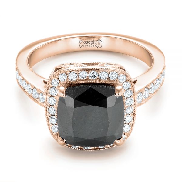 14k Rose Gold 14k Rose Gold Custom Black Diamond Halo Engagement Ring - Flat View - 102814