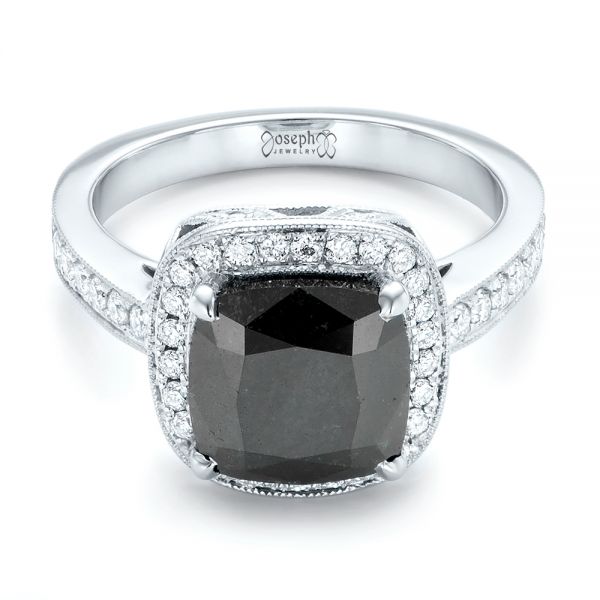18k White Gold Custom Black Diamond Halo Engagement Ring - Flat View - 102814