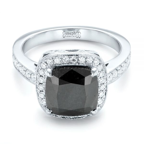 14k White Gold 14k White Gold Custom Black Diamond Halo Engagement Ring - Flat View -  102814