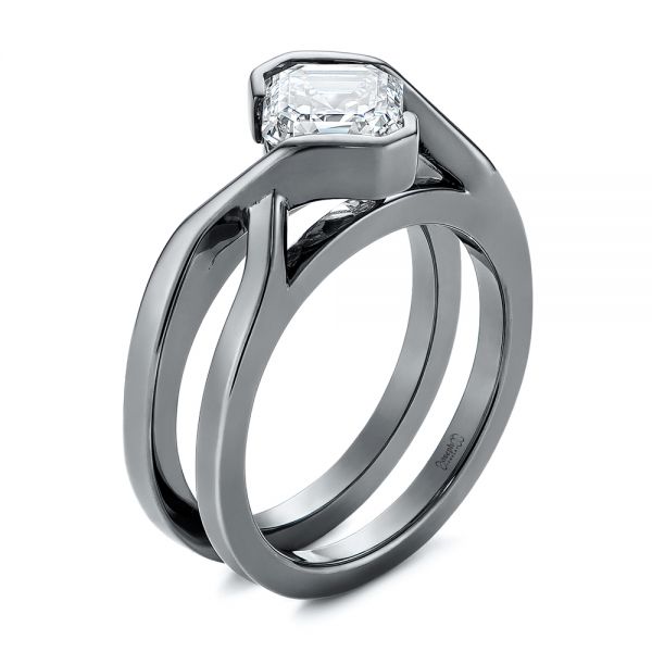 14k White Gold Custom Black Rhodium Interlocking Solitaire Diamond Engagement Ring - Three-Quarter View -  104029