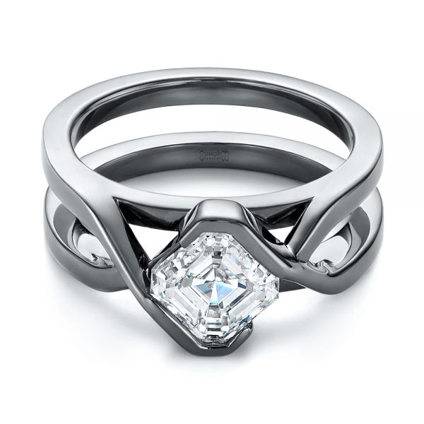 14k White Gold Custom Black Rhodium Interlocking Solitaire Diamond Engagement Ring - Flat View -  104029