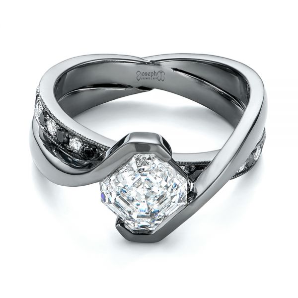  14K Gold Custom Black And White Diamond Engagement Ring - Flat View -  103342