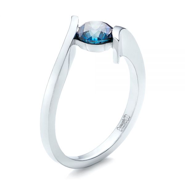 14k White Gold Custom Blue Diamond Solitaire Engagement Ring - Three-Quarter View -  102014