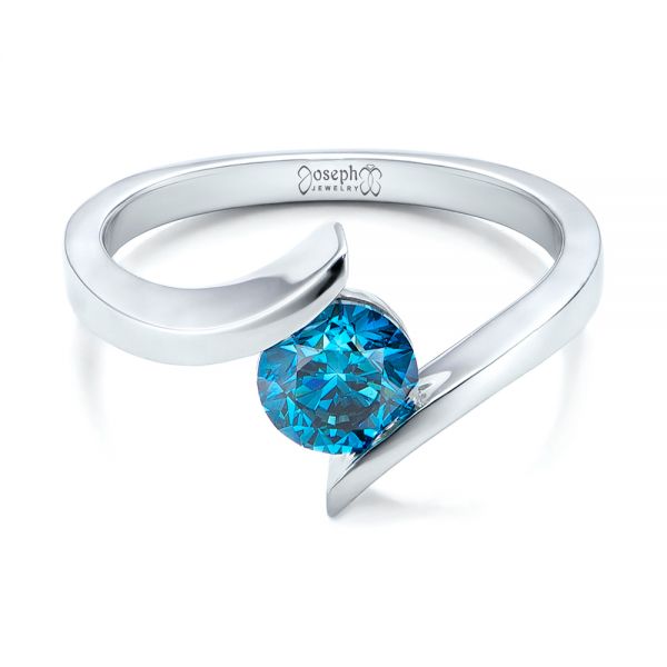 14k White Gold Custom Blue Diamond Solitaire Engagement Ring - Flat View - 102014