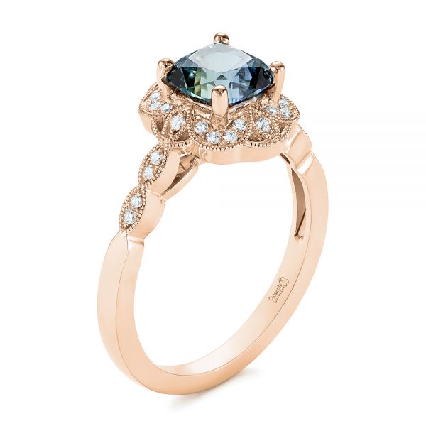 18k Rose Gold 18k Rose Gold Custom Blue-green Montana Sapphire And Diamond Engagement Ring - Three-Quarter View -  104785