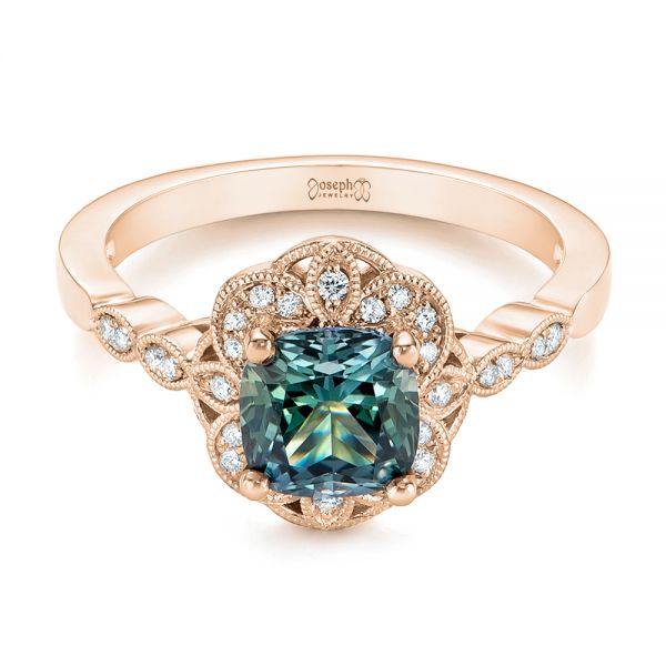 14k Rose Gold 14k Rose Gold Custom Blue-green Montana Sapphire And Diamond Engagement Ring - Flat View -  104785