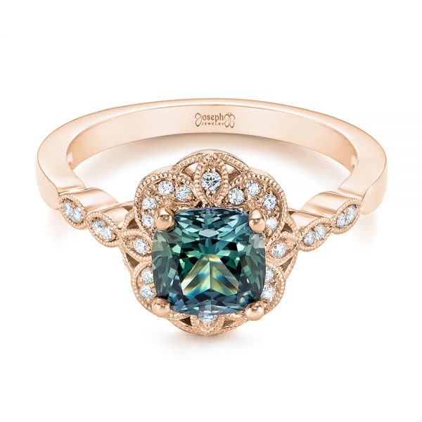 14k Rose Gold 14k Rose Gold Custom Blue-green Montana Sapphire And Diamond Engagement Ring - Flat View - 104785