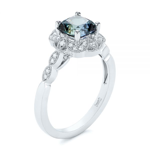 14k White Gold 14k White Gold Custom Blue-green Montana Sapphire And Diamond Engagement Ring - Three-Quarter View -  104785