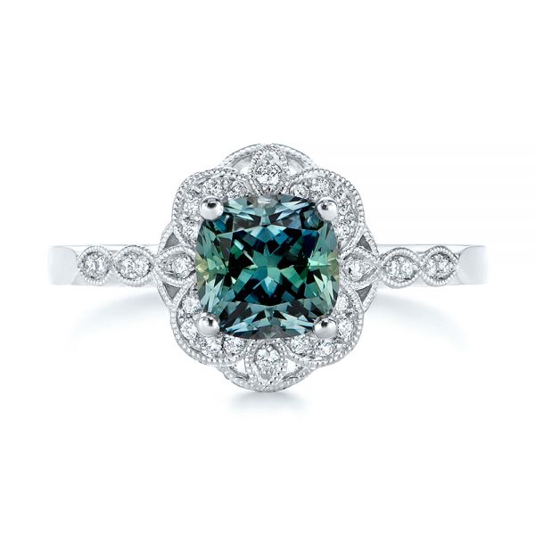 18k White Gold 18k White Gold Custom Blue-green Montana Sapphire And Diamond Engagement Ring - Top View -  104785