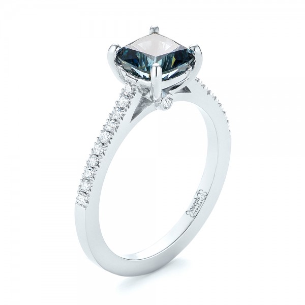 14k White Gold 14k White Gold Custom Blue-green Sapphire And Diamond Engagement Ring - Three-Quarter View -  103590