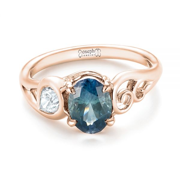 14k Rose Gold 14k Rose Gold Custom Blue-green Sapphire And Diamond Engagement Ring - Flat View -  103450