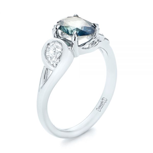 14k White Gold 14k White Gold Custom Blue-green Sapphire And Diamond Engagement Ring - Three-Quarter View -  103450