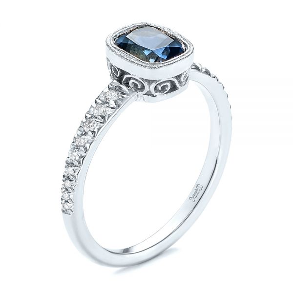 14k White Gold 14k White Gold Custom Blue-green Sapphire And Diamond Engagement Ring - Three-Quarter View - 103606