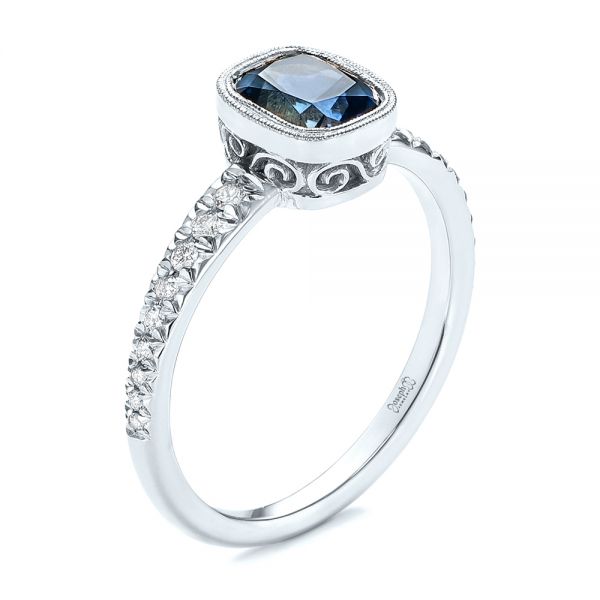 18k White Gold 18k White Gold Custom Blue-green Sapphire And Diamond Engagement Ring - Three-Quarter View -  103606