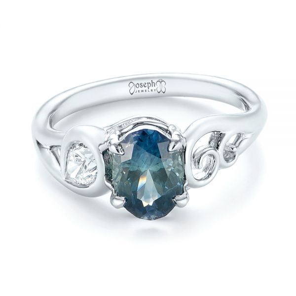 18k White Gold 18k White Gold Custom Blue-green Sapphire And Diamond Engagement Ring - Flat View -  103450