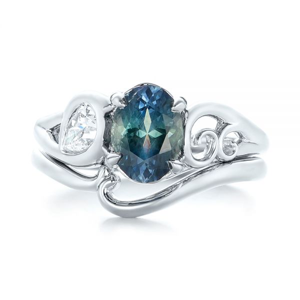 Custom Blue-Green Sapphire and Diamond Engagement Ring - Image