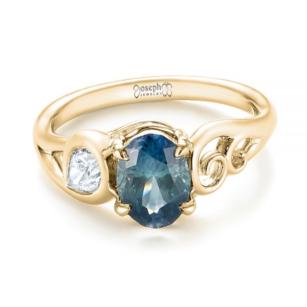 18k Yellow Gold 18k Yellow Gold Custom Blue-green Sapphire And Diamond Engagement Ring - Flat View -  103450