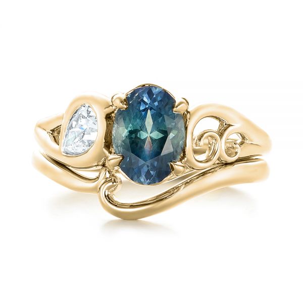 18k Yellow Gold 18k Yellow Gold Custom Blue-green Sapphire And Diamond Engagement Ring - Top View - 103450