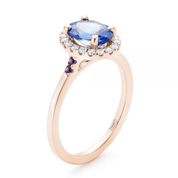 18k Rose Gold 18k Rose Gold Custom Blue Sapphire Amethyst And Diamond Halo Engagement Ring - Three-Quarter View - 102892