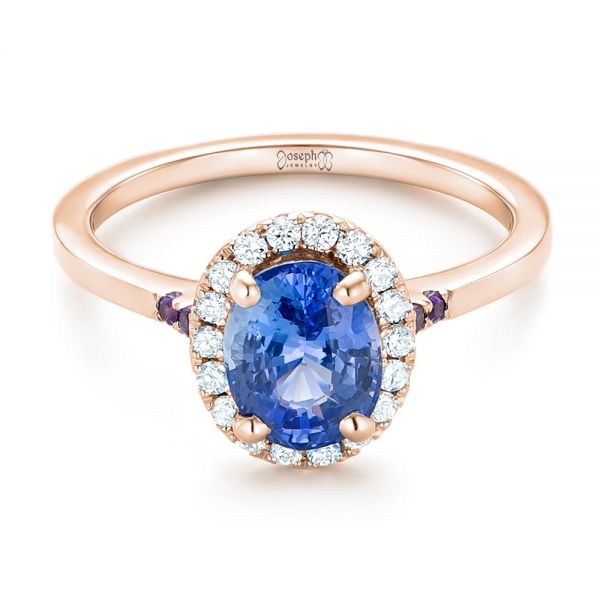 18k Rose Gold 18k Rose Gold Custom Blue Sapphire Amethyst And Diamond Halo Engagement Ring - Flat View - 102892
