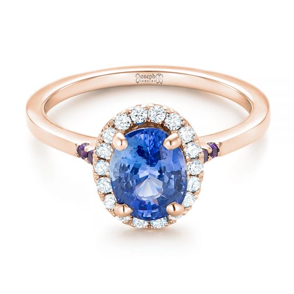 14k Rose Gold 14k Rose Gold Custom Blue Sapphire Amethyst And Diamond Halo Engagement Ring - Flat View -  102892