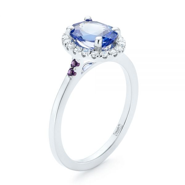 14k White Gold Custom Blue Sapphire Amethyst And Diamond Halo Engagement Ring - Three-Quarter View -  102892