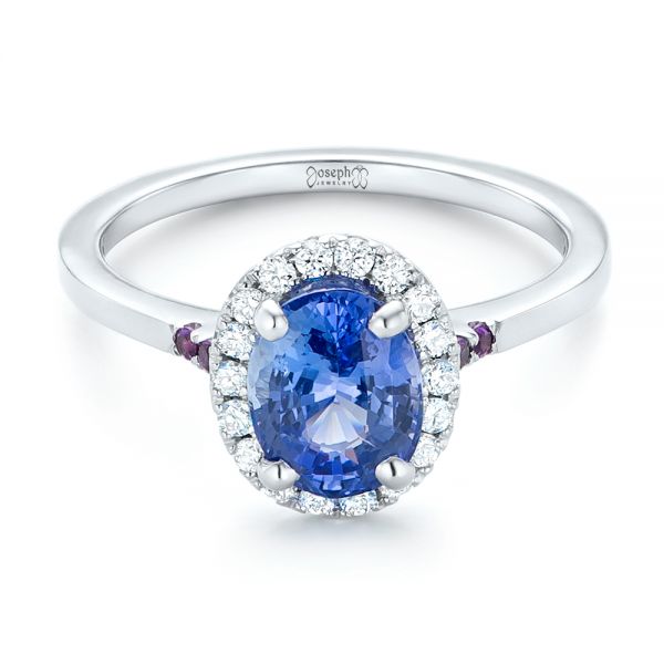 14k White Gold Custom Blue Sapphire Amethyst And Diamond Halo Engagement Ring - Flat View -  102892