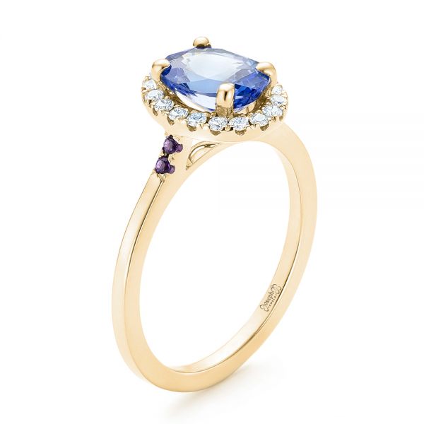 14k Yellow Gold 14k Yellow Gold Custom Blue Sapphire Amethyst And Diamond Halo Engagement Ring - Three-Quarter View -  102892