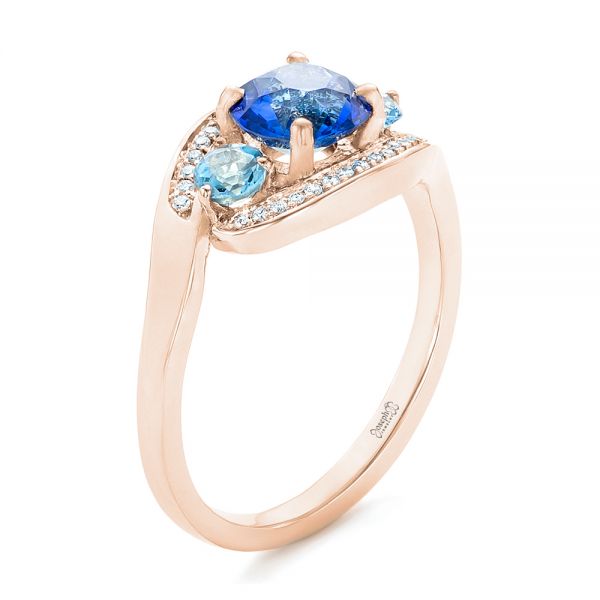 14k Rose Gold 14k Rose Gold Custom Blue Sapphire Aquamarine And Diamond Engagement Ring - Three-Quarter View -  102782