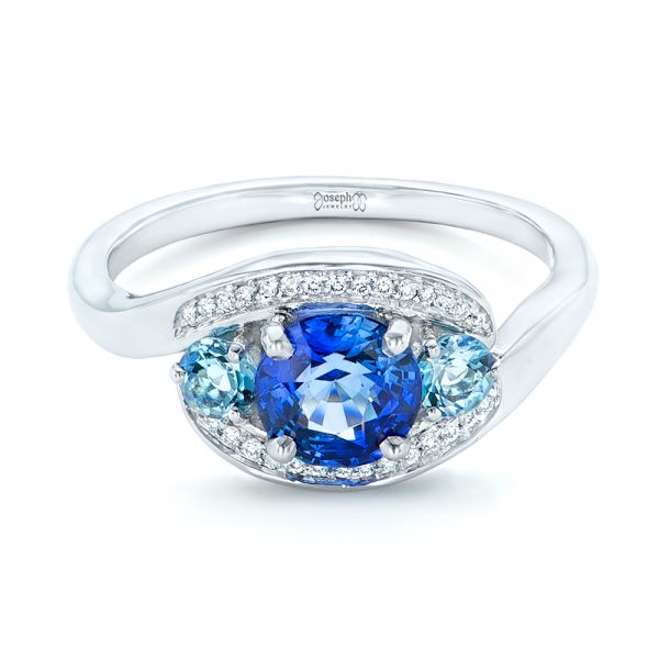 14k White Gold Custom Blue Sapphire Aquamarine And Diamond Engagement Ring - Flat View -  102782