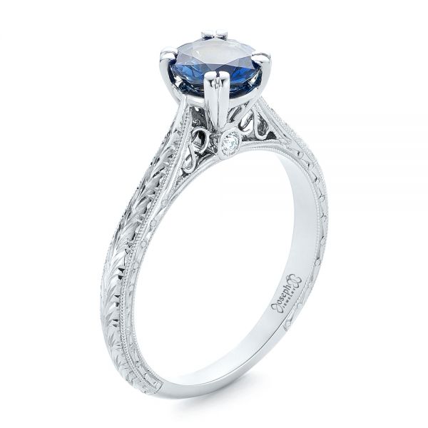 18k White Gold Custom Blue Sapphire Engagement Ring - Three-Quarter View -  102304