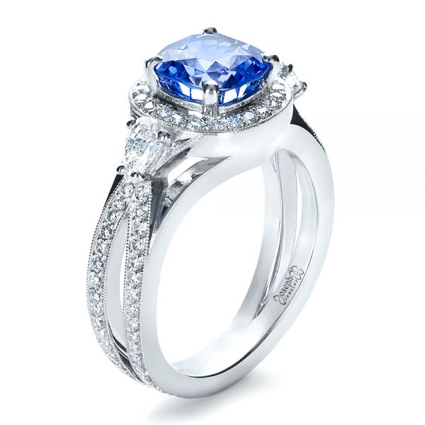  Platinum Custom Blue Sapphire Engagement Ring - Three-Quarter View -  1432