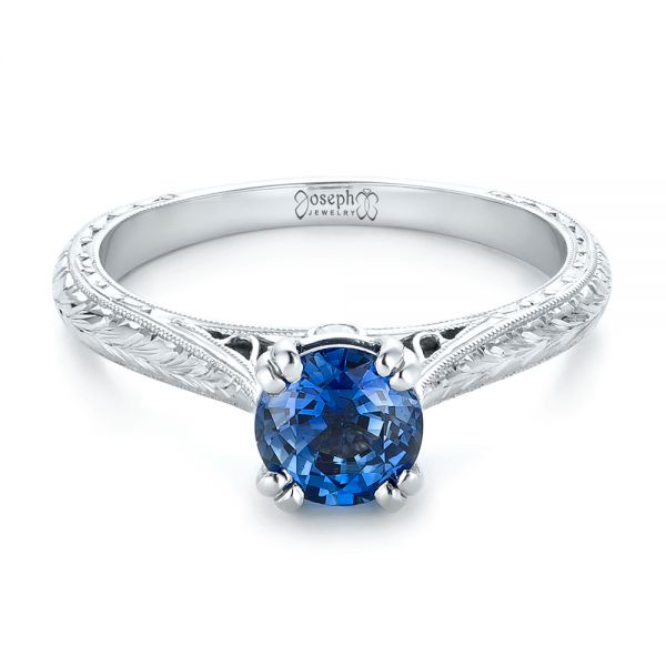 18k White Gold Custom Blue Sapphire Engagement Ring - Flat View -  102304