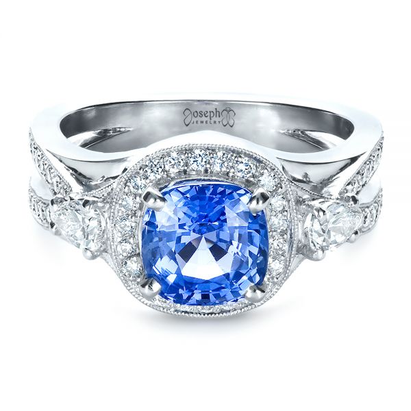 Platinum Custom Blue Sapphire Engagement Ring - Flat View - 1432