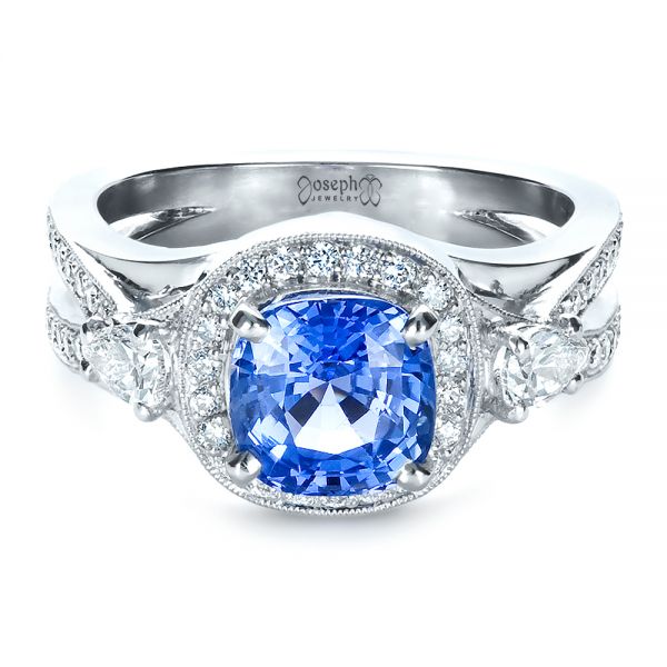 18k White Gold 18k White Gold Custom Blue Sapphire Engagement Ring - Flat View -  1432