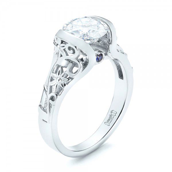 18k White Gold Custom Blue Sapphire Ruby And Diamond Engagement Ring - Three-Quarter View -  103040