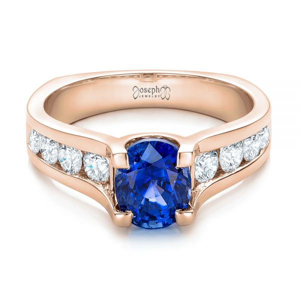 18k Rose Gold 18k Rose Gold Custom Blue Sapphire And Channel Set Diamonds Engagement Ring - Flat View -  102102