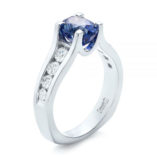 14k White Gold 14k White Gold Custom Blue Sapphire And Channel Set Diamonds Engagement Ring - Three-Quarter View -  102102